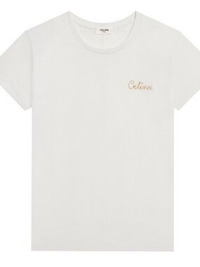 Celine White Tee with Gold Embroidered Logo